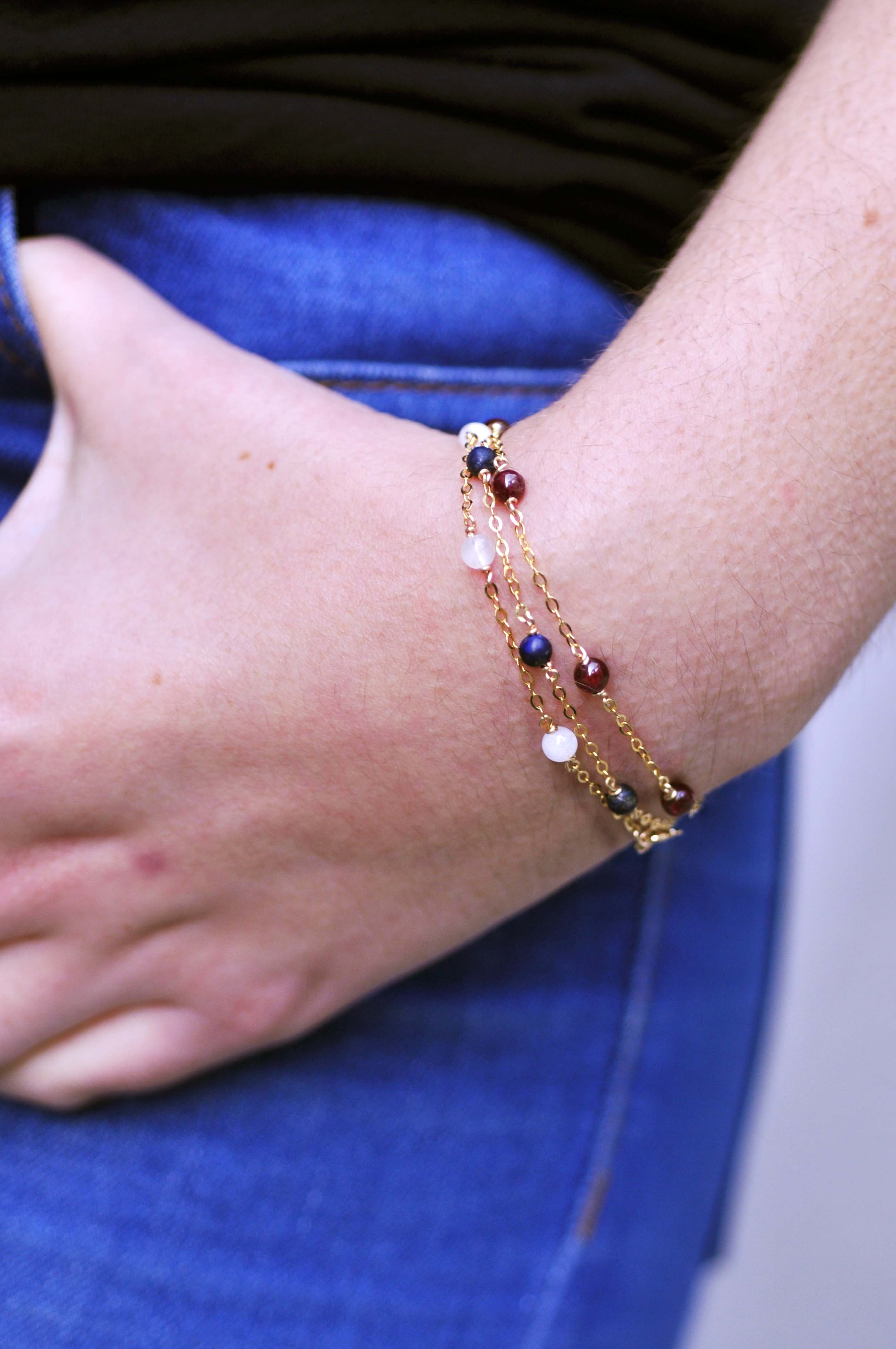 Marie Gonon bijoux bohème chic Saint-Etienne Loire - bracelets chapelet en gold filled jaune et différentes perles